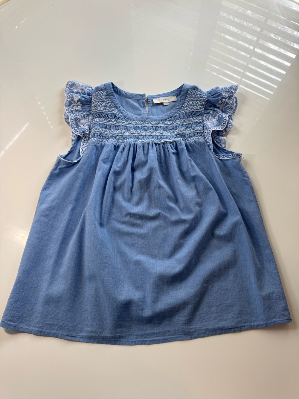 LOFT Ladies Chambray Blue Embroidered Ruffle Sleeve Top